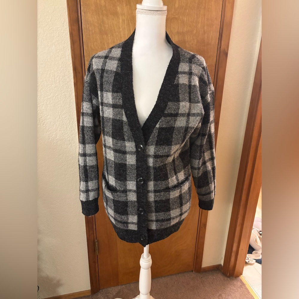 Cyrus Black and Gray Plaid Cardigan
